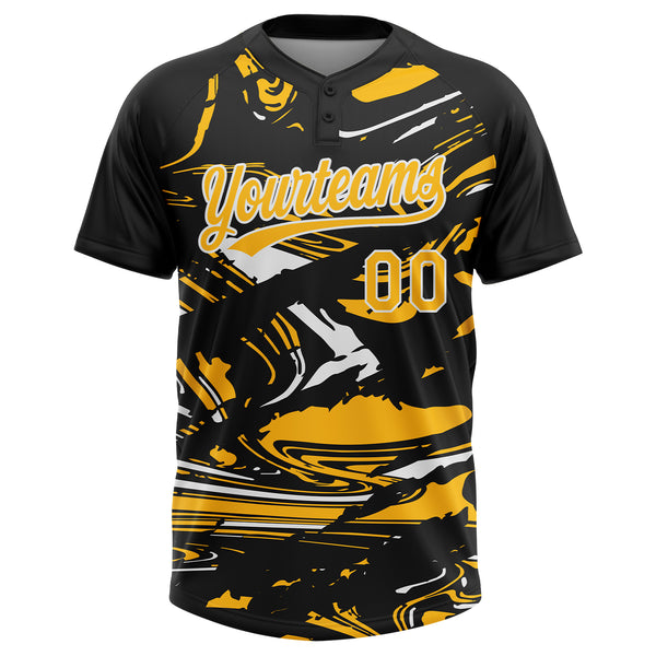 Custom Black Gold-White Raglan Sleeves Abstract Fluid Marble Two-Button Unisex Softball Jersey