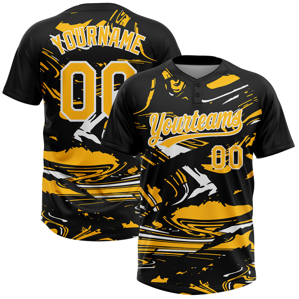 Custom Black Gold-White Raglan Sleeves Abstract Fluid Marble Two-Button Unisex Softball Jersey