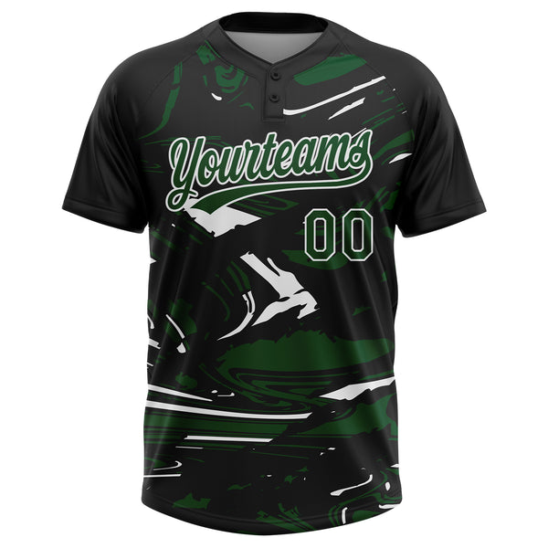 Custom Black Green-White Raglan Sleeves Abstract Fluid Marble Two-Button Unisex Softball Jersey