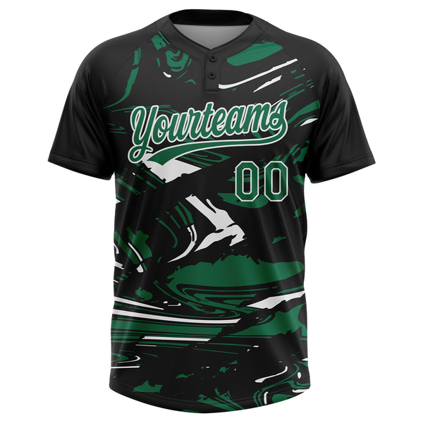 Custom Black Kelly Green-White Raglan Sleeves Abstract Fluid Marble Two-Button Unisex Softball Jersey