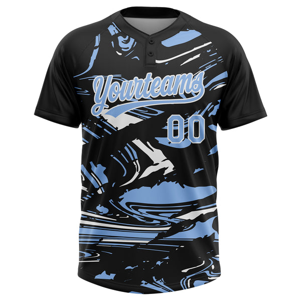 Custom Black Light Blue-White Raglan Sleeves Abstract Fluid Marble Two-Button Unisex Softball Jersey