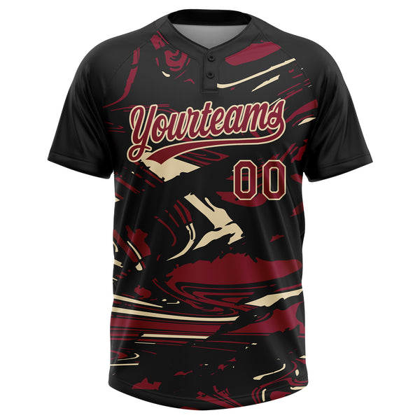 Custom Black Crimson Cream-Cream Raglan Sleeves Abstract Fluid Marble Two-Button Unisex Softball Jersey