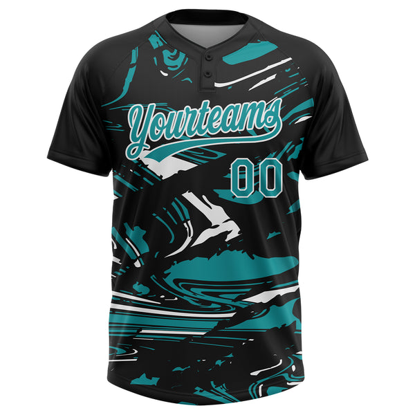 Custom Black Teal-White Raglan Sleeves Abstract Fluid Marble Two-Button Unisex Softball Jersey