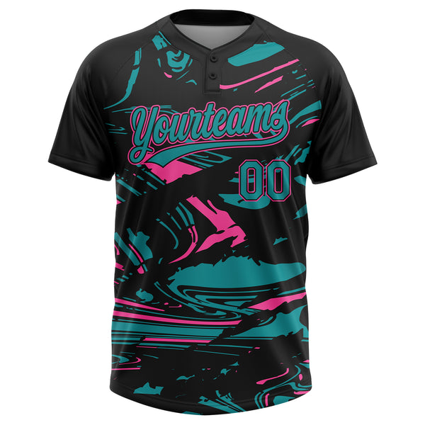 Custom Black Teal-Pink Raglan Sleeves Abstract Fluid Marble Two-Button Unisex Softball Jersey