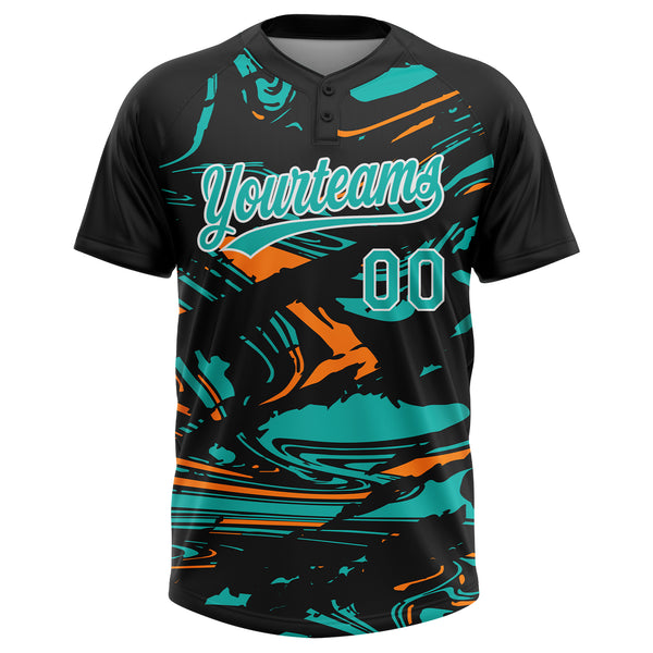 Custom Black Aqua Bay Orange-White Raglan Sleeves Abstract Fluid Marble Two-Button Unisex Softball Jersey