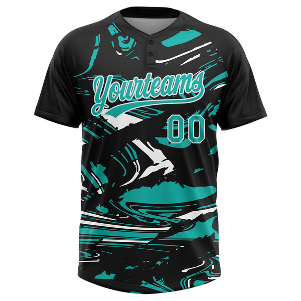 Custom Black Aqua-White Raglan Sleeves Abstract Fluid Marble Two-Button Unisex Softball Jersey
