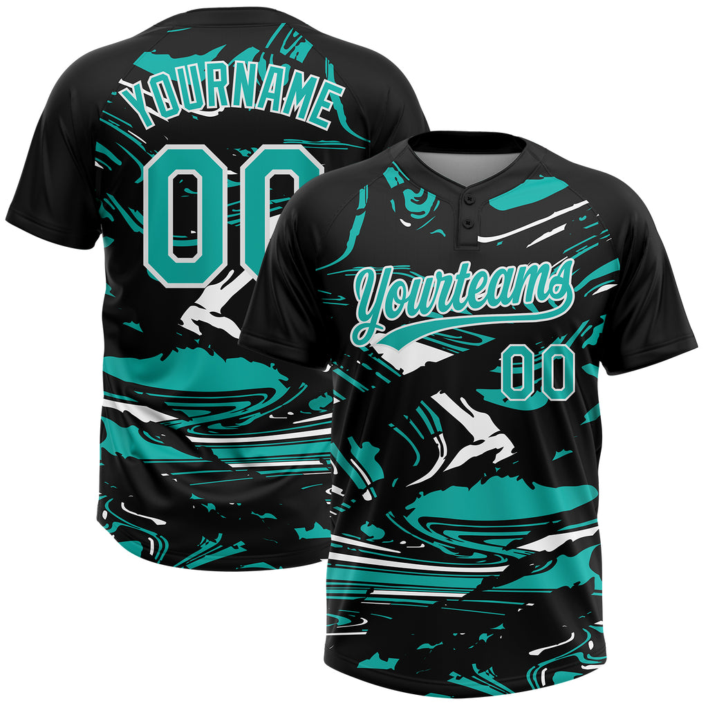 Custom Black Aqua-White Raglan Sleeves Abstract Fluid Marble Two-Button Unisex Softball Jersey