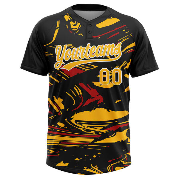Custom Black Gold Red-White Raglan Sleeves Abstract Fluid Marble Two-Button Unisex Softball Jersey