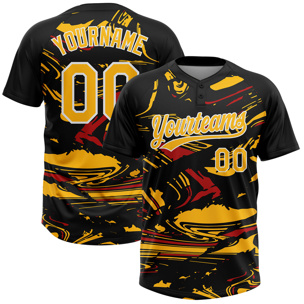 Custom Black Gold Red-White Raglan Sleeves Abstract Fluid Marble Two-Button Unisex Softball Jersey