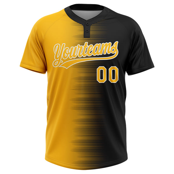 Custom Black Gold-White Gradient Horizontal Stripe Two-Button Unisex Softball Jersey