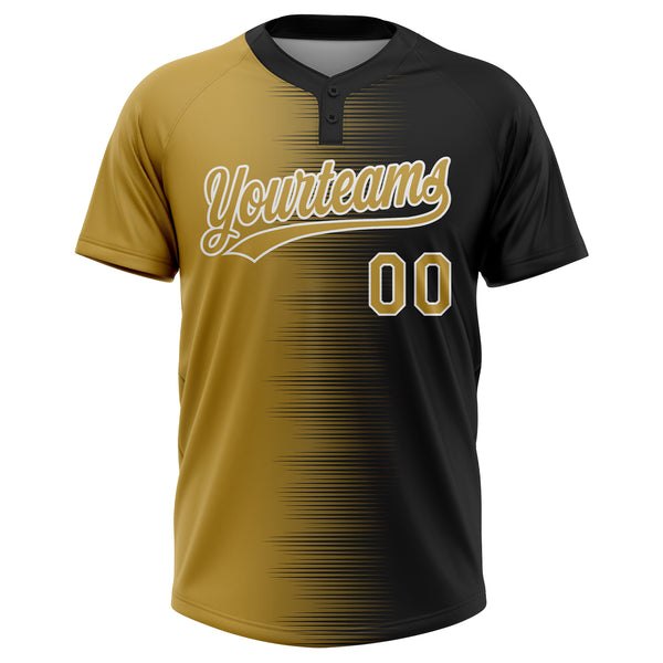 Custom Black Old Gold-White Gradient Horizontal Stripe Two-Button Unisex Softball Jersey