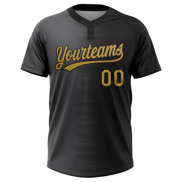 Custom Black Old Gold-Gray Gradient Horizontal Stripe Two-Button Unisex Softball Jersey