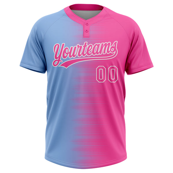 Custom Pink Light Blue-White Gradient Horizontal Stripe Two-Button Unisex Softball Jersey