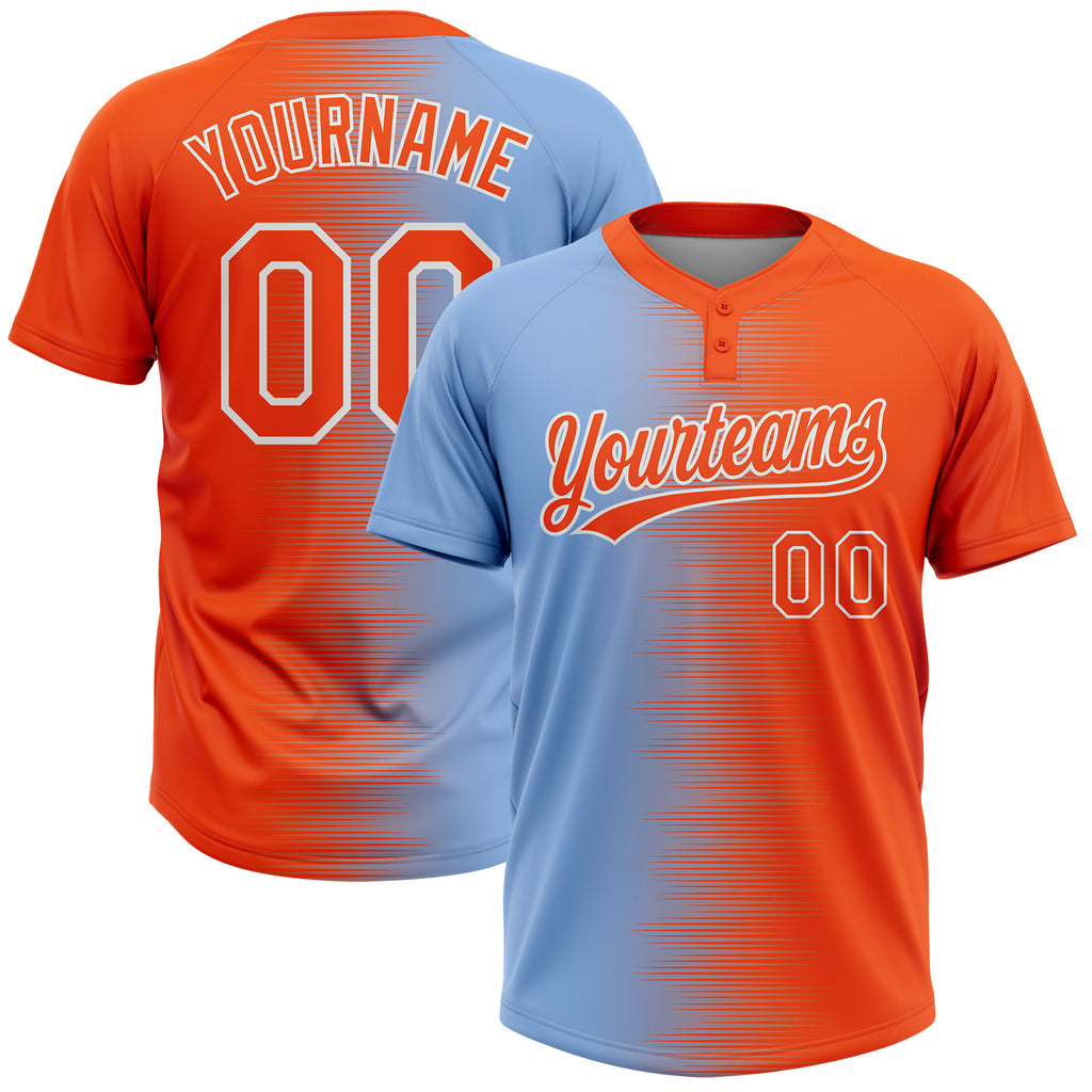 Custom Orange Light Blue-White Gradient Horizontal Stripe Two-Button Unisex Softball Jersey