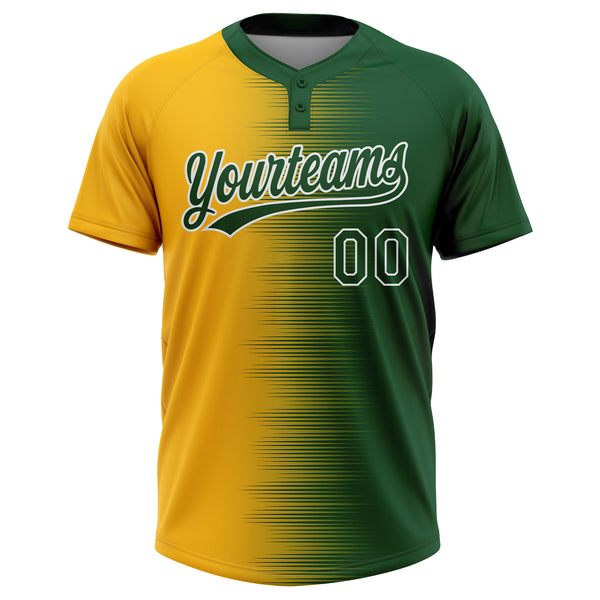 Custom Green Gold-White Gradient Horizontal Stripe Two-Button Unisex Softball Jersey