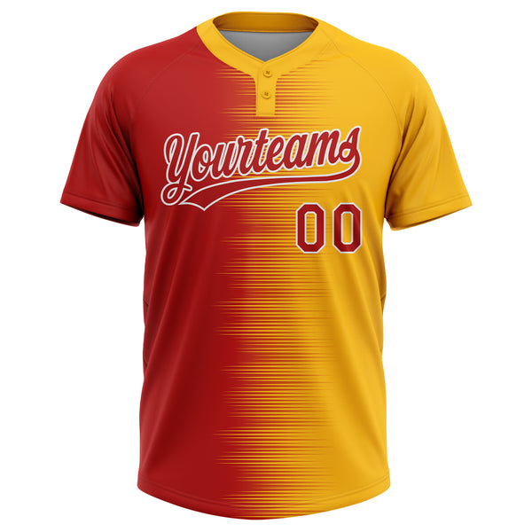Custom Gold Red-White Gradient Horizontal Stripe Two-Button Unisex Softball Jersey