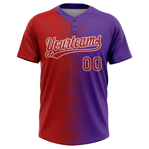 Custom Red Purple-White Gradient Horizontal Stripe Two-Button Unisex Softball Jersey