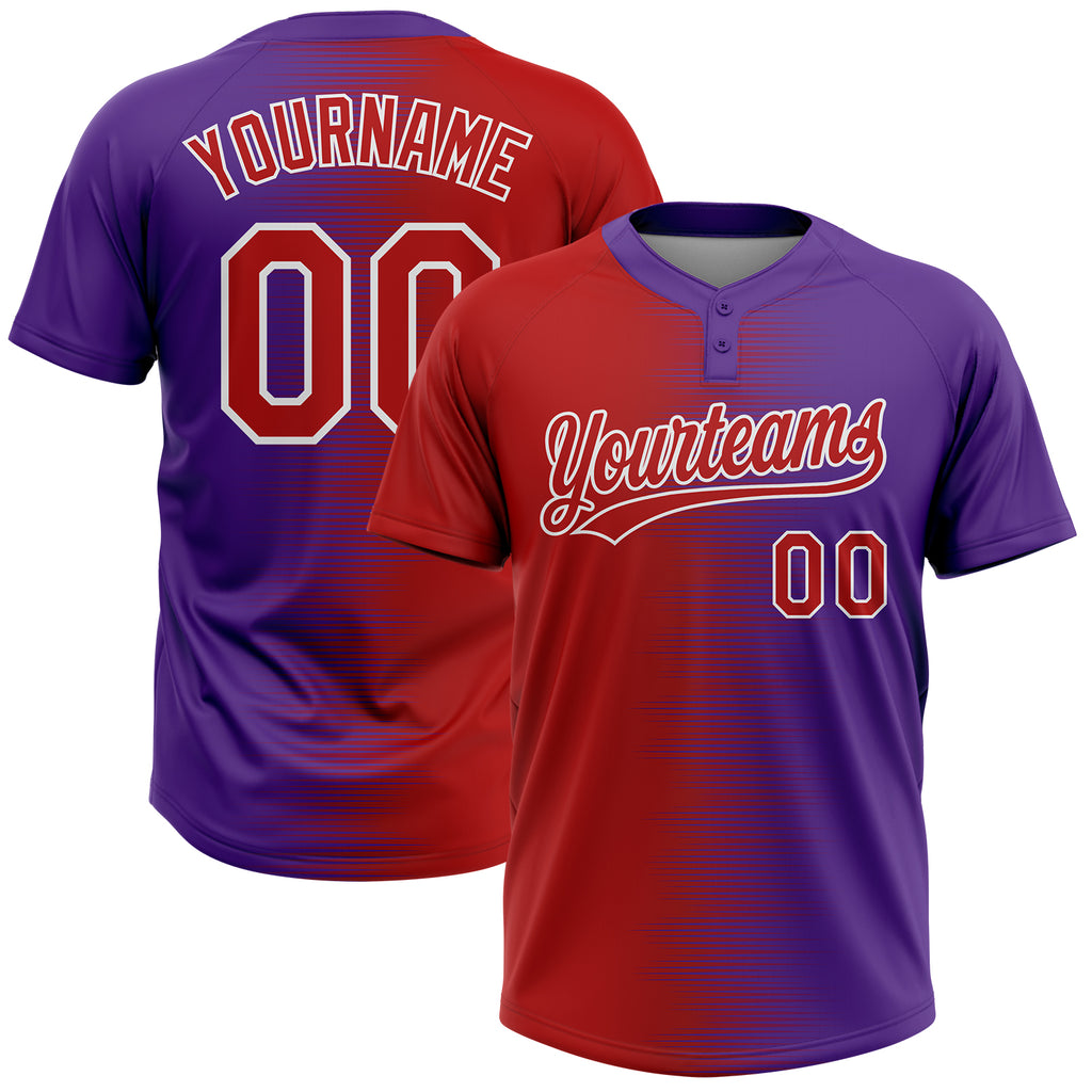 Custom Red Purple-White Gradient Horizontal Stripe Two-Button Unisex Softball Jersey