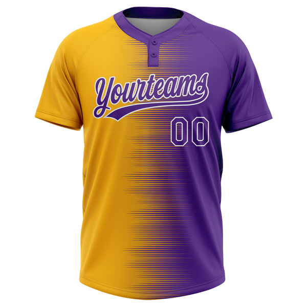 Custom Gold Purple-White Gradient Horizontal Stripe Two-Button Unisex Softball Jersey