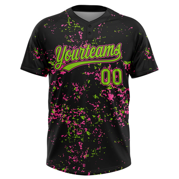 Custom Black Neon Green-Pink Abstract Shattered Paint Splatter Two-Button Unisex Softball Jersey