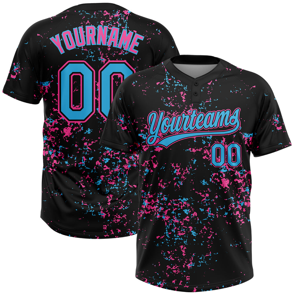 Custom Black Sky Blue Pink-Light Blue Abstract Shattered Paint Splatter Two-Button Unisex Softball Jersey