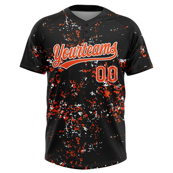 Custom Black Orange-White Abstract Shattered Paint Splatter Two-Button Unisex Softball Jersey