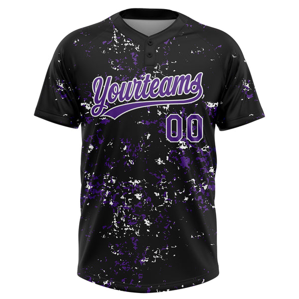 Custom Black Purple-White Abstract Shattered Paint Splatter Two-Button Unisex Softball Jersey