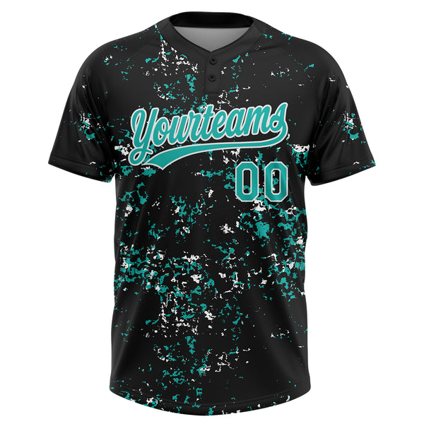 Custom Black Aqua-White Abstract Shattered Paint Splatter Two-Button Unisex Softball Jersey
