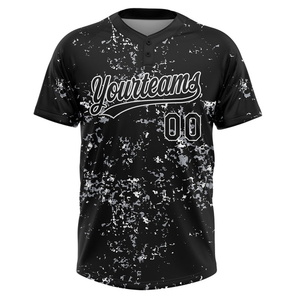 Custom Black White-Light Gray Abstract Shattered Paint Splatter Two-Button Unisex Softball Jersey