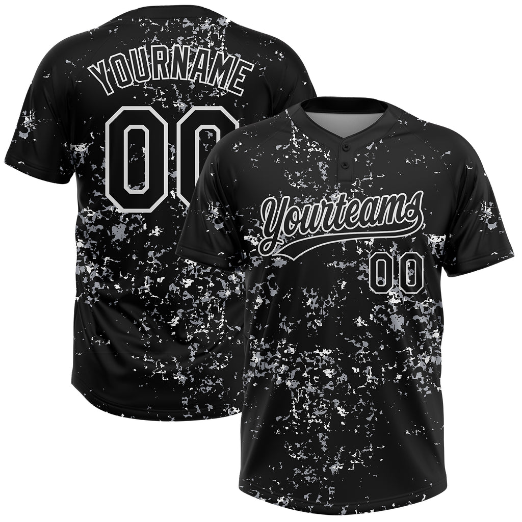 Custom Black White-Light Gray Abstract Shattered Paint Splatter Two-Button Unisex Softball Jersey