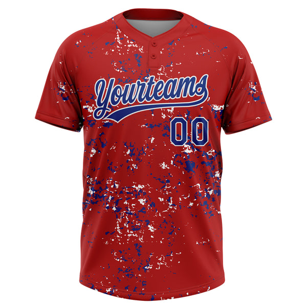 Custom Red Royal-White Abstract Shattered Paint Splatter Two-Button Unisex Softball Jersey