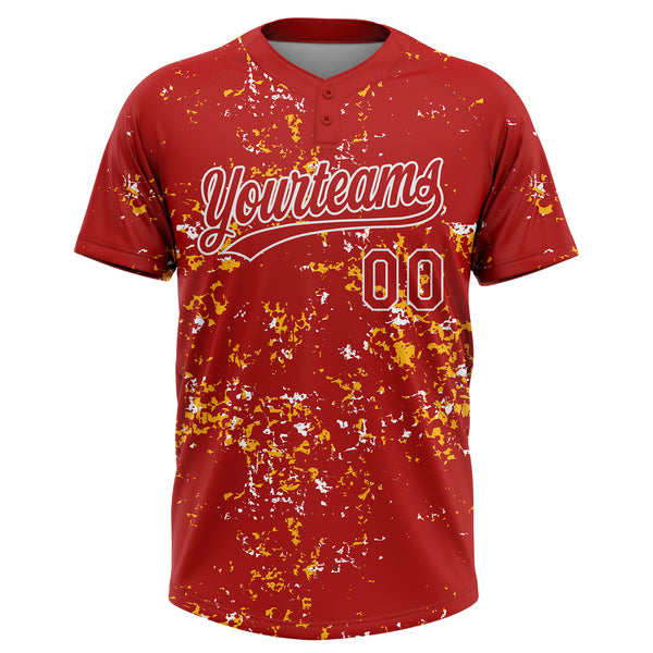 Custom Red Gold-White Abstract Shattered Paint Splatter Two-Button Unisex Softball Jersey