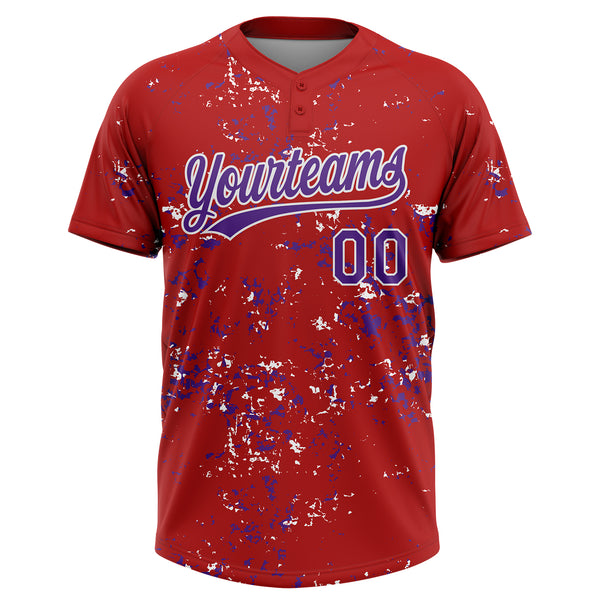 Custom Red Purple-White Abstract Shattered Paint Splatter Two-Button Unisex Softball Jersey
