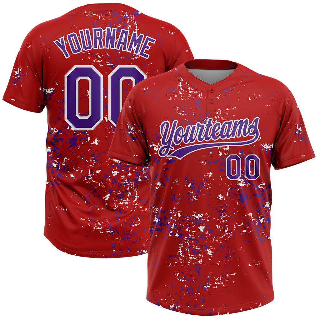Custom Red Purple-White Abstract Shattered Paint Splatter Two-Button Unisex Softball Jersey