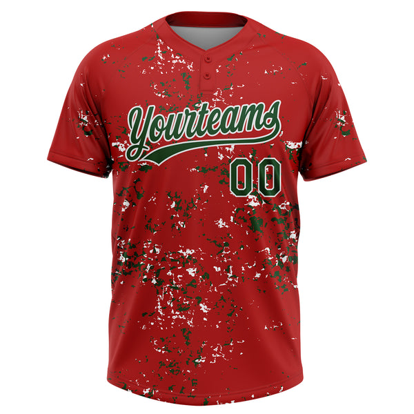 Custom Red Green-White Abstract Shattered Paint Splatter Two-Button Unisex Softball Jersey