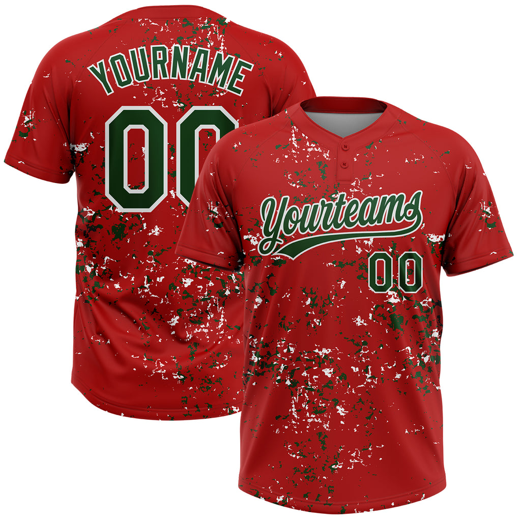 Custom Red Green-White Abstract Shattered Paint Splatter Two-Button Unisex Softball Jersey