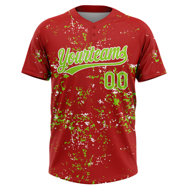 Custom Red Neon Green-White Abstract Shattered Paint Splatter Two-Button Unisex Softball Jersey
