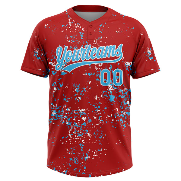 Custom Red Sky Blue-White Abstract Shattered Paint Splatter Two-Button Unisex Softball Jersey