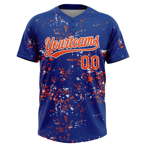Custom Royal Orange-White Abstract Shattered Paint Splatter Two-Button Unisex Softball Jersey