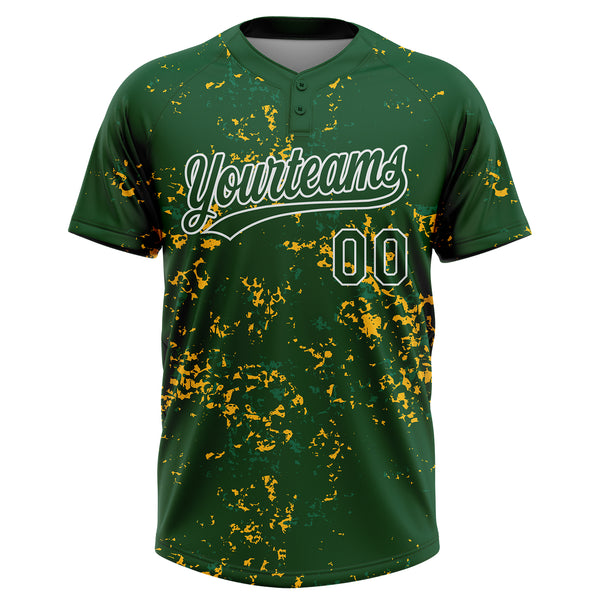 Custom Green Kelly Green Gold-White Abstract Shattered Paint Splatter Two-Button Unisex Softball Jersey