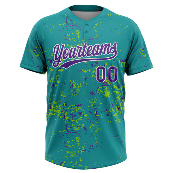 Custom Teal Purple Neon Green-White Abstract Shattered Paint Splatter Two-Button Unisex Softball Jersey