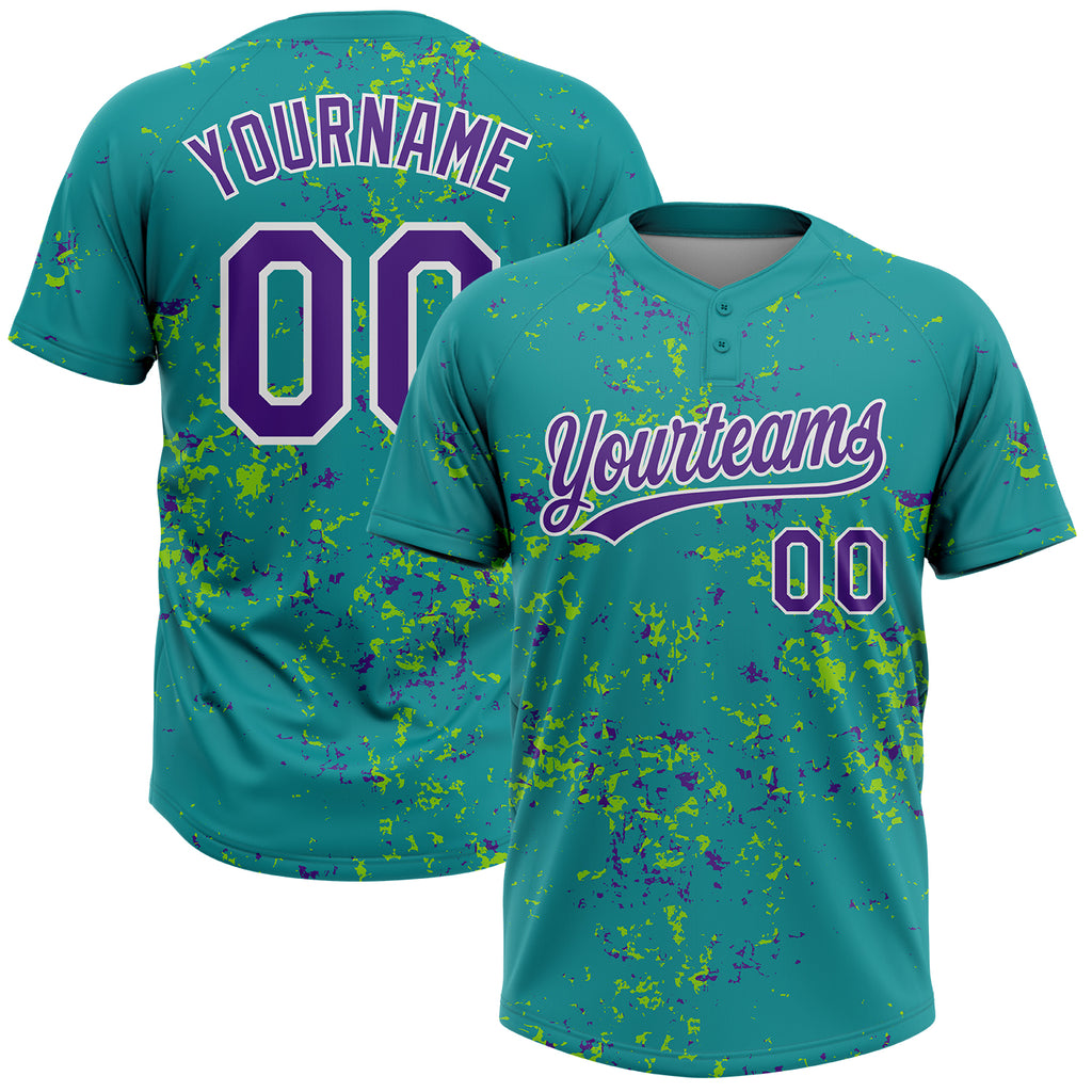 Custom Teal Purple Neon Green-White Abstract Shattered Paint Splatter Two-Button Unisex Softball Jersey