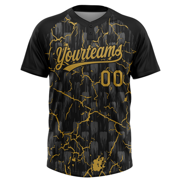 Custom Black Old Gold-Gray Raglan Sleeves Neon Lightning Crackle Two-Button Unisex Softball Jersey