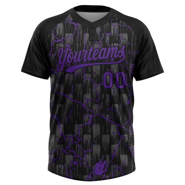 Custom Black Purple-Gray Raglan Sleeves Neon Lightning Crackle Two-Button Unisex Softball Jersey
