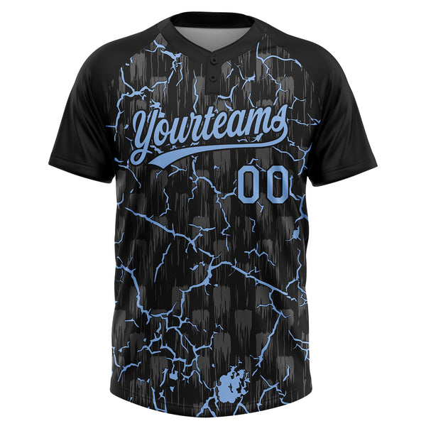 Custom Black Light Blue-Gray Raglan Sleeves Neon Lightning Crackle Two-Button Unisex Softball Jersey