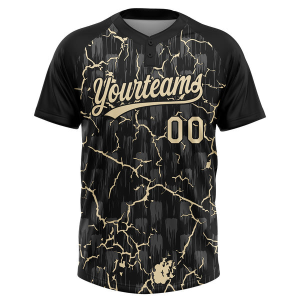Custom Black Cream Cream-Gray Raglan Sleeves Neon Lightning Crackle Two-Button Unisex Softball Jersey