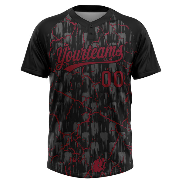 Custom Black Crimson-Gray Raglan Sleeves Neon Lightning Crackle Two-Button Unisex Softball Jersey