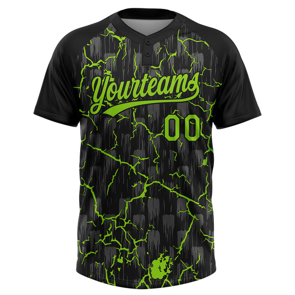 Custom Black Neon Green-Gray Raglan Sleeves Neon Lightning Crackle Two-Button Unisex Softball Jersey