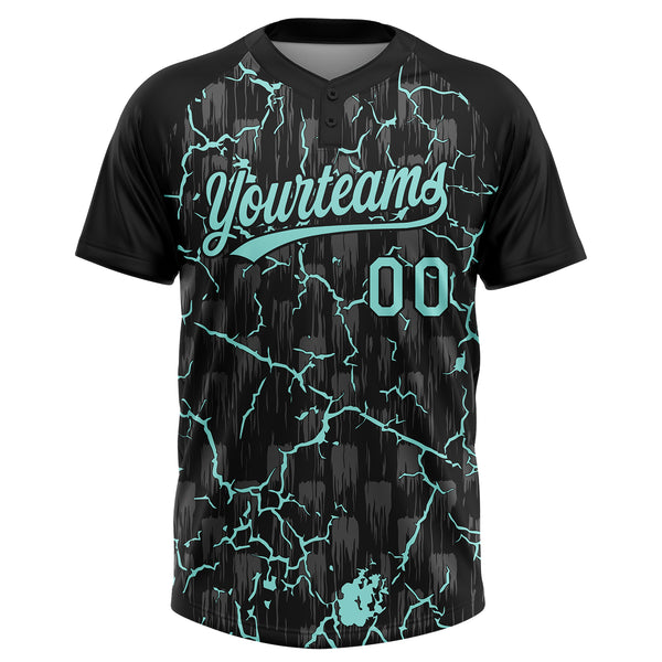 Custom Black Ice Blue-Gray Raglan Sleeves Neon Lightning Crackle Two-Button Unisex Softball Jersey
