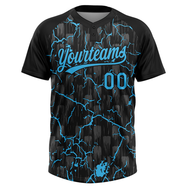 Custom Black Sky Blue-Gray Raglan Sleeves Neon Lightning Crackle Two-Button Unisex Softball Jersey
